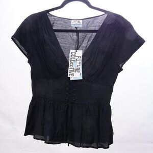 Future Collective Reese Blutstein Black Short Sleeve V-Neck Corset Blouse Top